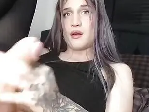 Tattooed Transgirl Strokes Her Hard Cock On Bed