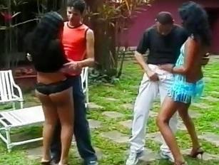 Group Butt Fucking - Kinky latina shemales have butt fuck group sex in backyard - Tranny.one