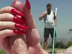 Tranny babe teases hunk stud with an outdoor masturbation by the pool